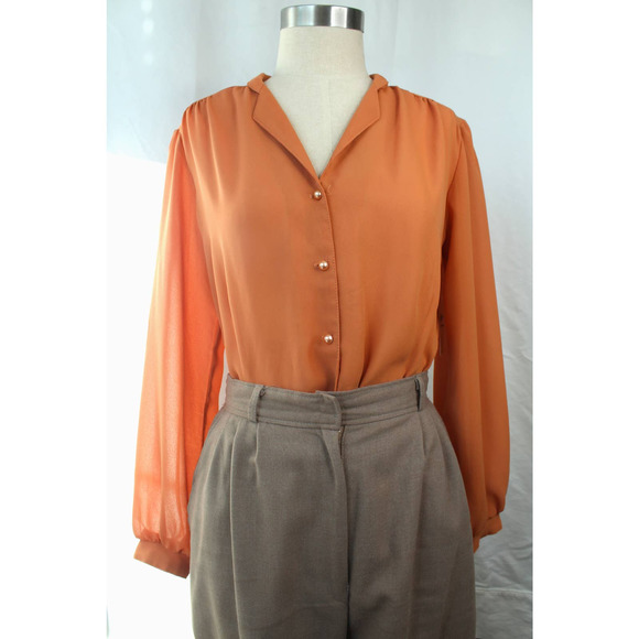 Vintage 50s/60s Orange Sheer Pearl Button-Up Pleated Shirt - Picture 8 of 16